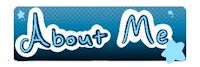 a blue logo with the word about me on it